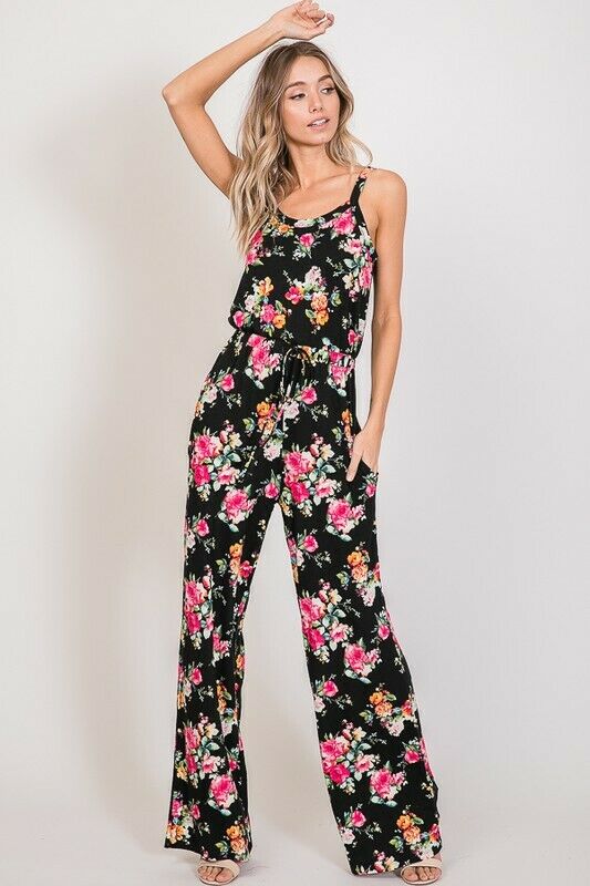 Soft Cami Style Bright Floral Jumpsuit Drawstring Pocket Womens Casual S M L