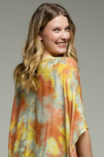 Dreamy Sunrise Water Color Inspired Tie Dye Kimono Boho Open Wrap Casual Womens