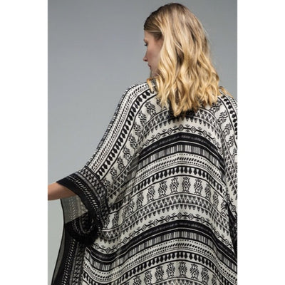 Black Ethnic Tribal Print Tassel Fringe Kimono Coverup Open Wrap Casual Women's