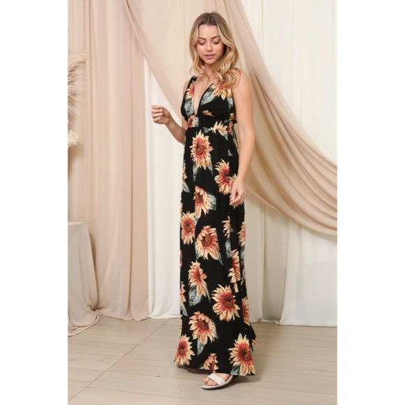 Black Sunflower Halter Double Strap Long Full Length Maxi Dress Spring Summer