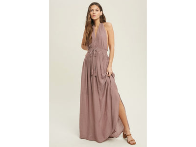 Dark Mauve Solid Halter Smocked Waist Maxi Casual Boho Dress w/ Side Slits