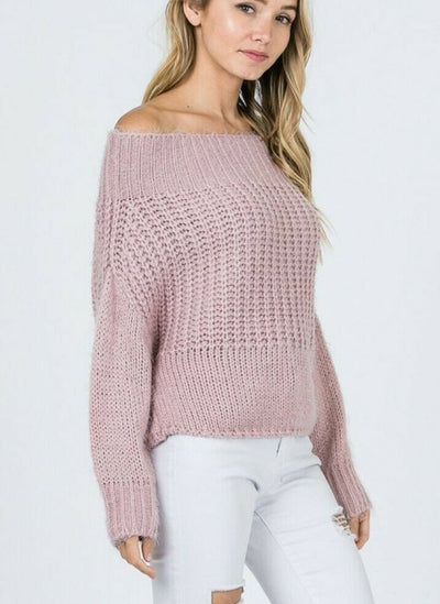 Blush Pink Off Shoulder Knit Long Sleeve Sweater Womens Casual