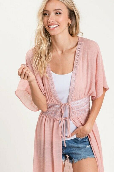 Blush Pink Crochet Boho Kimono Duster Short Sleeve Cardigan Wrap Womens