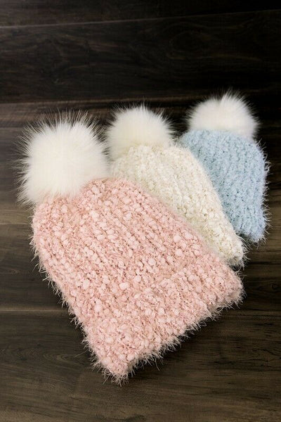 Light Pink Eyelash Knit Beanie Foldover Band Faux Fur Pom Pom Womens Winter Hat