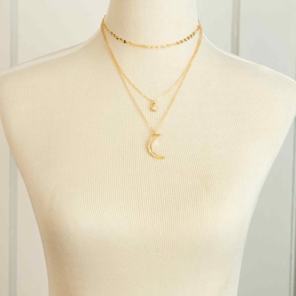 Gold Crescent Moon Star Trio Layer Necklace