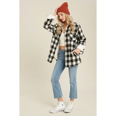 Black Buffalo Plaid Sherpa Lined Shacket Shirt Jacket Womens