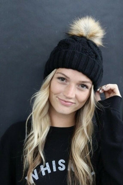 Black Cable Knit Beanie Hat w/ Faux Fur Pompom Casual Winter Womens One Size