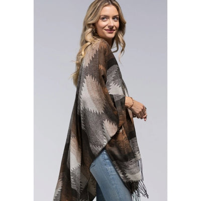 Cocoa Western Print Tassel Ruana Knit Fall Autumn Bohemian Boho Style Wrap