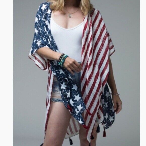 Flag Print American Tassel Fringed Womens Casual Kimono Wrap - One Size