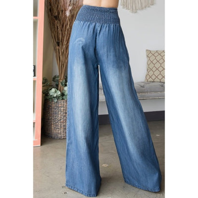 Denim Blue Washed Wide Palazzo Leg Tencel Casual Smocked High Waist Pants