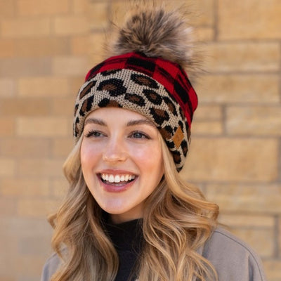 Leopard Red Buffalo Check Faux Fur Pom Beanie