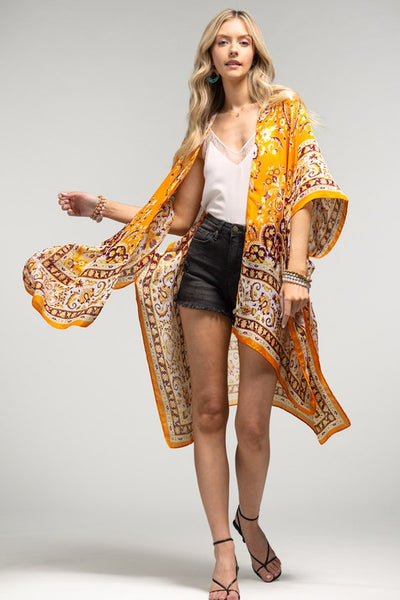 Clementine Bohemian Floral Motif Kimono Wrap Coverup Open Summer Casual Top