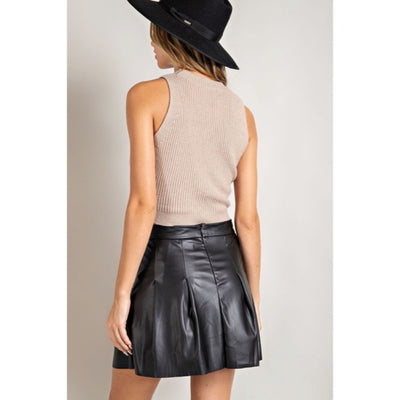 Black Pleated Faux Vegan Leather High Waist Mini Skirt Women's Date Night Flirty