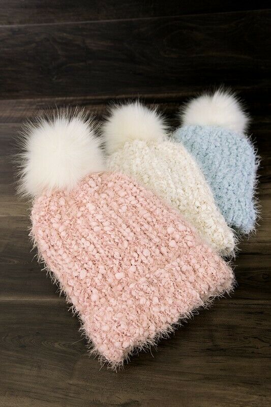 Light Blue Eyelash Knit Beanie Foldover Band Faux Fur Pom Pom Womens Winter Hat