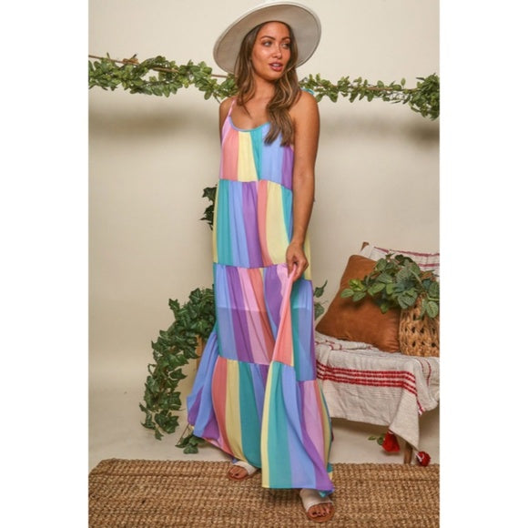 Rainbow Colorful Multi Color Bright Striped Tiered Tie Shoulder Maxi Dress