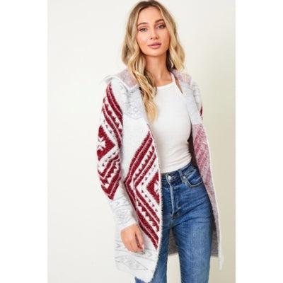 Wine Fuzzy Soft Knit Long Sleeve Aztec Tribal Native Western Cardigan Sweater