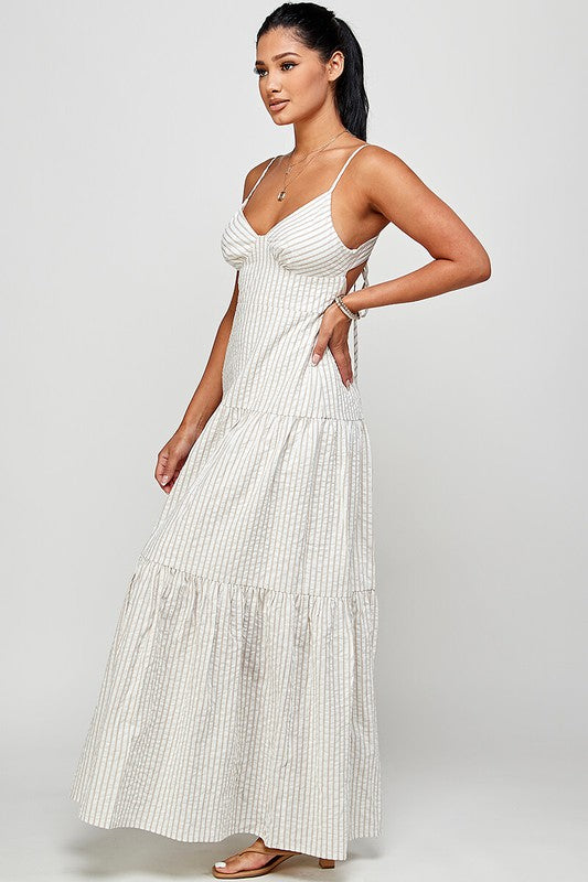 White & Beige Stripe Cross Backless Strap Ruffle Maxi Dress