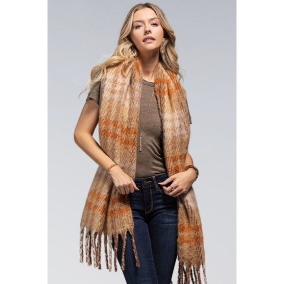 Toffee Plaid Soft Plush Oblong Scarf w/ Tassel Fringe Women's Casual Winter