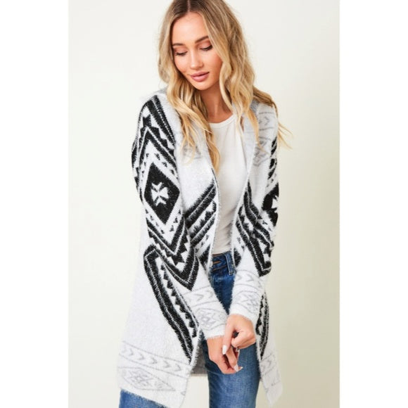 Fuzzy Soft Knit Hooded Long Sleeve Aztec Tribal Native Western Cardigan Sweater