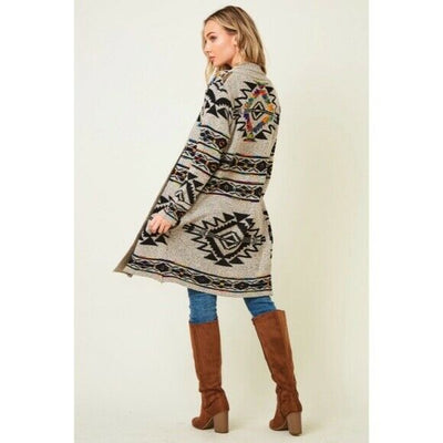 Taupe Rainbow Multi Colored Aztec Tribal Jacquard Open Knit Cardigan Sweater