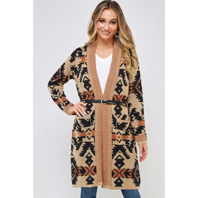 Mocha Aztec Western Boho Belted Cardigan Sweater Coatigan Knit Casual Womens