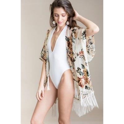 Maya Island Velvet Floral Macrame Tassel Fringe Kimono Cream Coverup Wrap