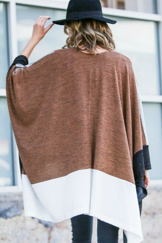 Gray Camel Color Block Asymmetrical Dolman Poncho Ruana Cardigan Casual Womens