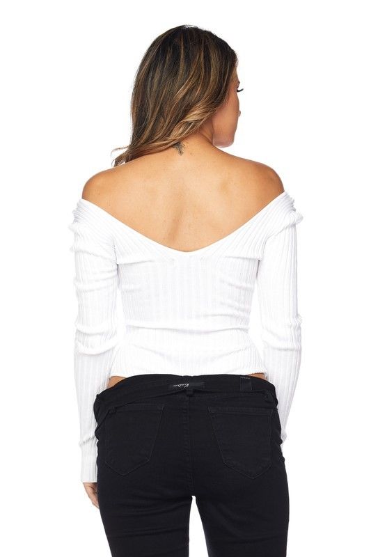 White Ribbed Knit Off Shoulder Long Sleeve Sexy Bodysuit