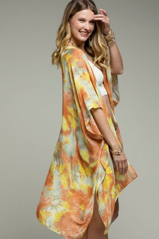 Dreamy Sunrise Water Color Inspired Tie Dye Kimono Boho Open Wrap Casual Womens