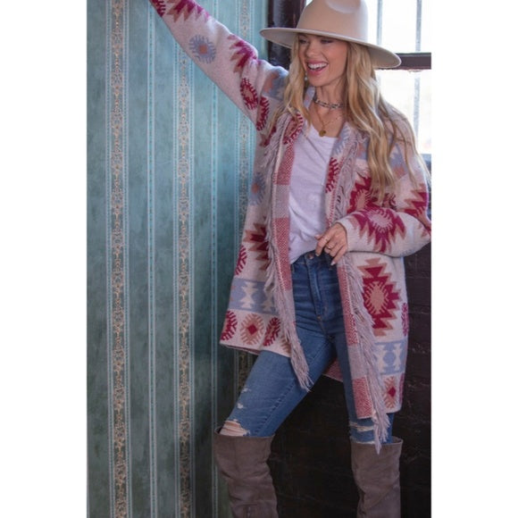 Berry Aztec Pattern Open Front Boho Western Fringe Cardigan Sweater Casual Women