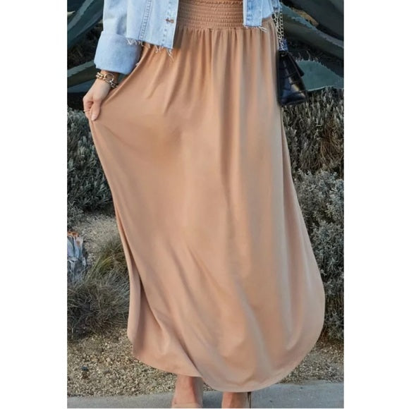 Camel Smocked Waist Side Slit Pocket Maxi Skirt Casual Womens