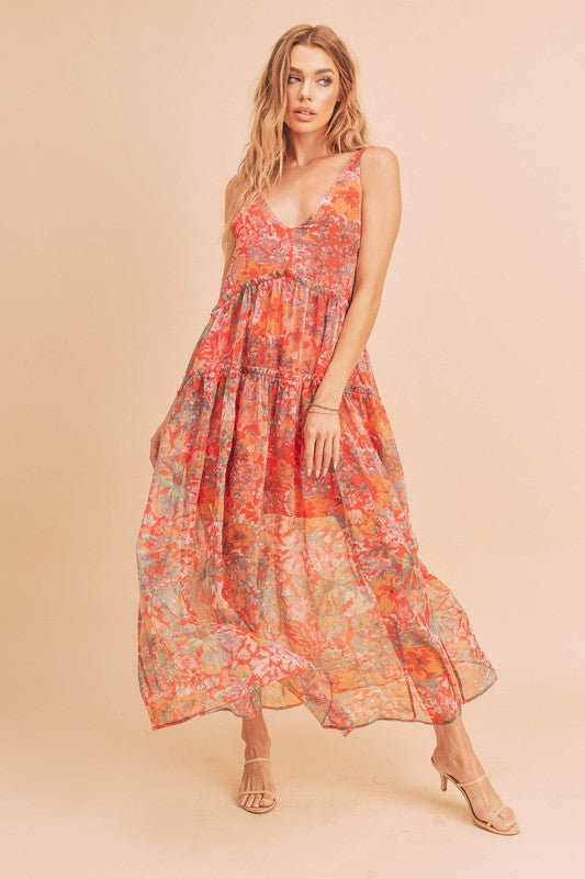 Violetta - Red Floral Tiered Sleeveless Maxi Dress