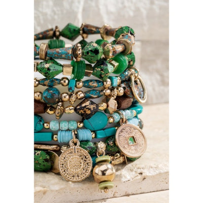 Green Hidden Valley Multi Layer Natural Stone Charm Boho Stretch Bracelet Set