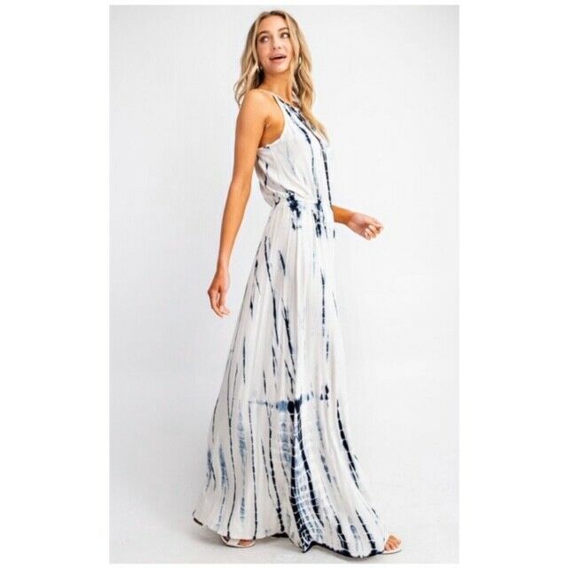 Boho White & Blue Tie Dye Summer Long Maxi Dress Casual Womens