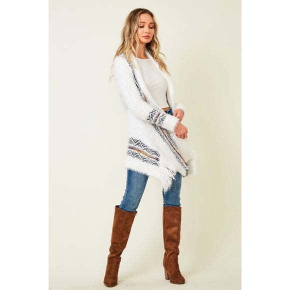 White Fuzzy Eyelash Fringe Rainbow Aztec Pattern Open Knit Cardigan Sweater