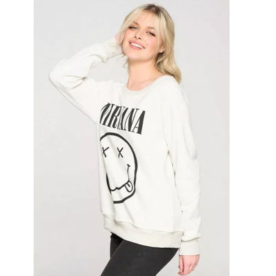 Cream Gray Heathered Nirvana Smiley Face Band Graphic Sweatshirt Casual Women's