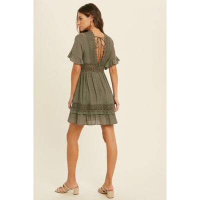 Dainty Olive Green Bohemian Crochet Lace Trim Ruffle Short Sleeve Mini Dress