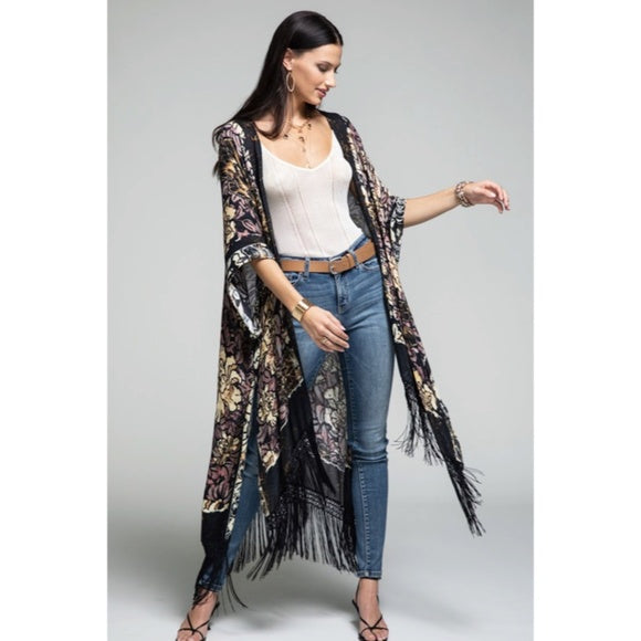 Delphi Floral Motif Tassel Kimono Duster Full Long Maxi Length Coverup Wrap