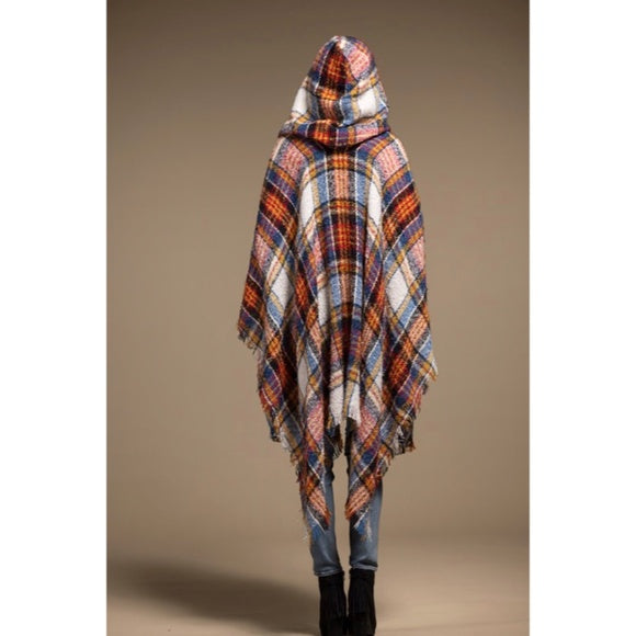 Vin Chaud Knit Plaid Hooded Hoodie Open Fringe Ruana Wrap Fall Winter Casual