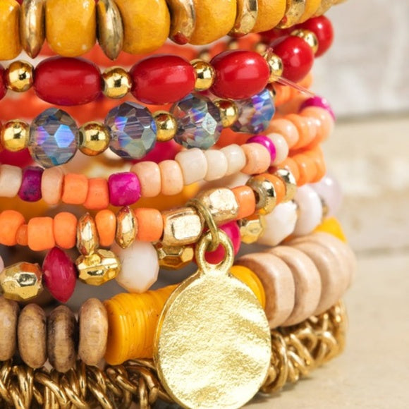 Mango Tango Boho Multi Stacked Mixed Bead Beaded Stretch Bracelet