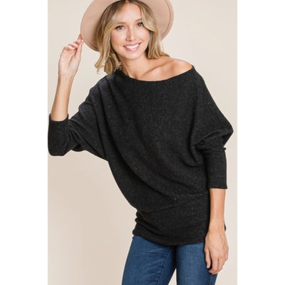 Black Solid Ribbed Off Shoulder Dolman Sweater Knit Casual Womens