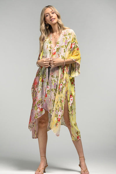 Whimsical Spring Colorful Floral Kimono Coverup Open Wrap Top Casual Women's