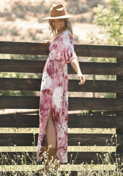 Wine Kimono Tie Dye Boho Relaxed Maxi V-Neck Casual Dress Womens