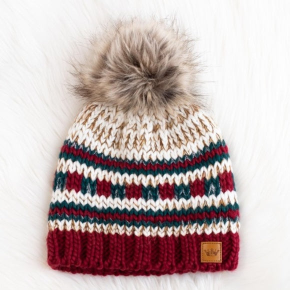 Multi Colored Holiday Beige Red Green Knit Faux Fur Pompom Beanie Winter Hat