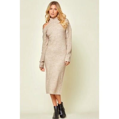 Oyster Cold Shoulder Knit Midi Sweater Stretchy Sexy Dress Womens