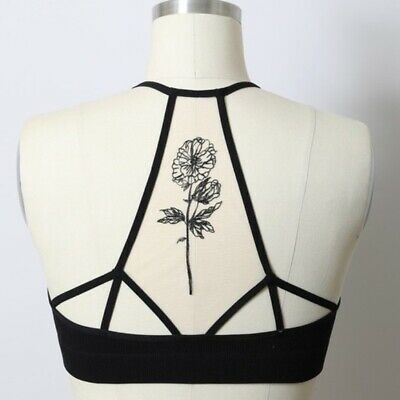 Black Flower Bloom Mesh Tattoo Sheer Bralette Casual Womens