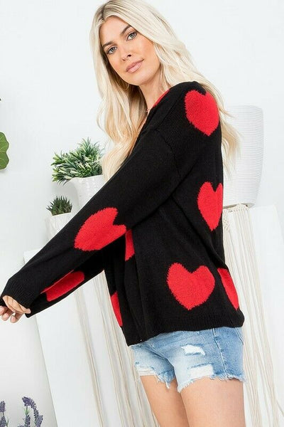 Black Red Multi Heart Knit V-Neck Valentines Day Long Sleeve Relaxed Sweater