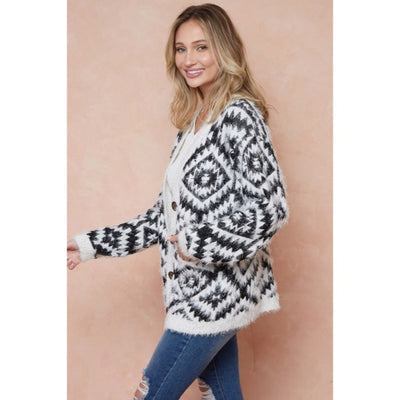 Ivory & Black Fuzzy Soft Eyelash Aztec Tribal Button Up Knit Cardigan Sweater