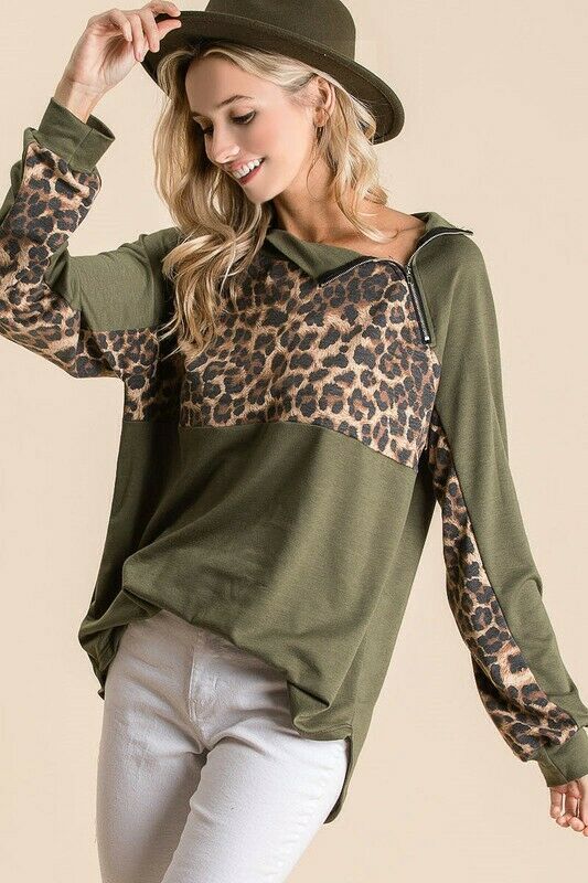 Olive Green Leopard Zipper French Terry Pullover Top Casual Womens