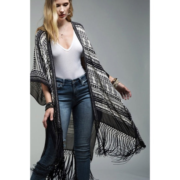 Black Ethnic Tribal Print Tassel Fringe Kimono Coverup Open Wrap Casual Women's